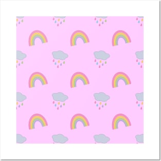 Rainbow and Rain Clouds Pattern in Pink Posters and Art